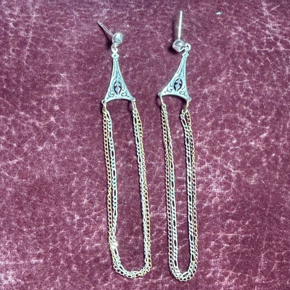 Vintage 925 Sterling Art Deco 2-Tone Chain Drop Earrings Feminine Maker Mark